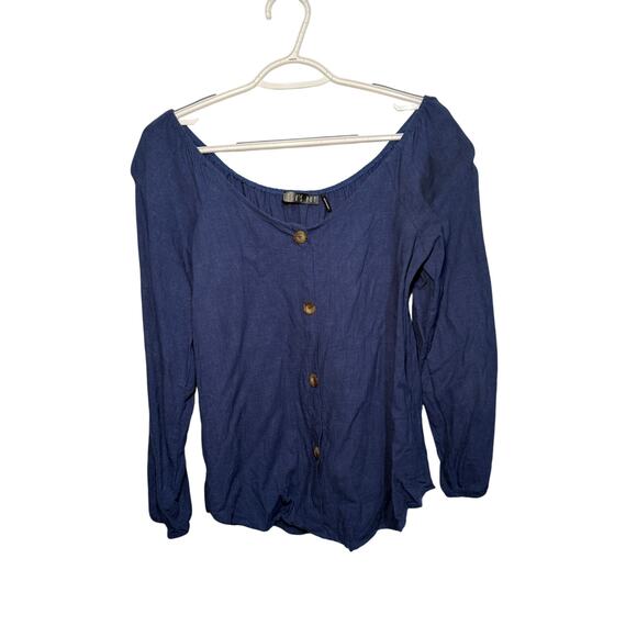 Potters Pot blue linen button peasant top womens small coquette milkmaid prairie - Picture 1 of 8